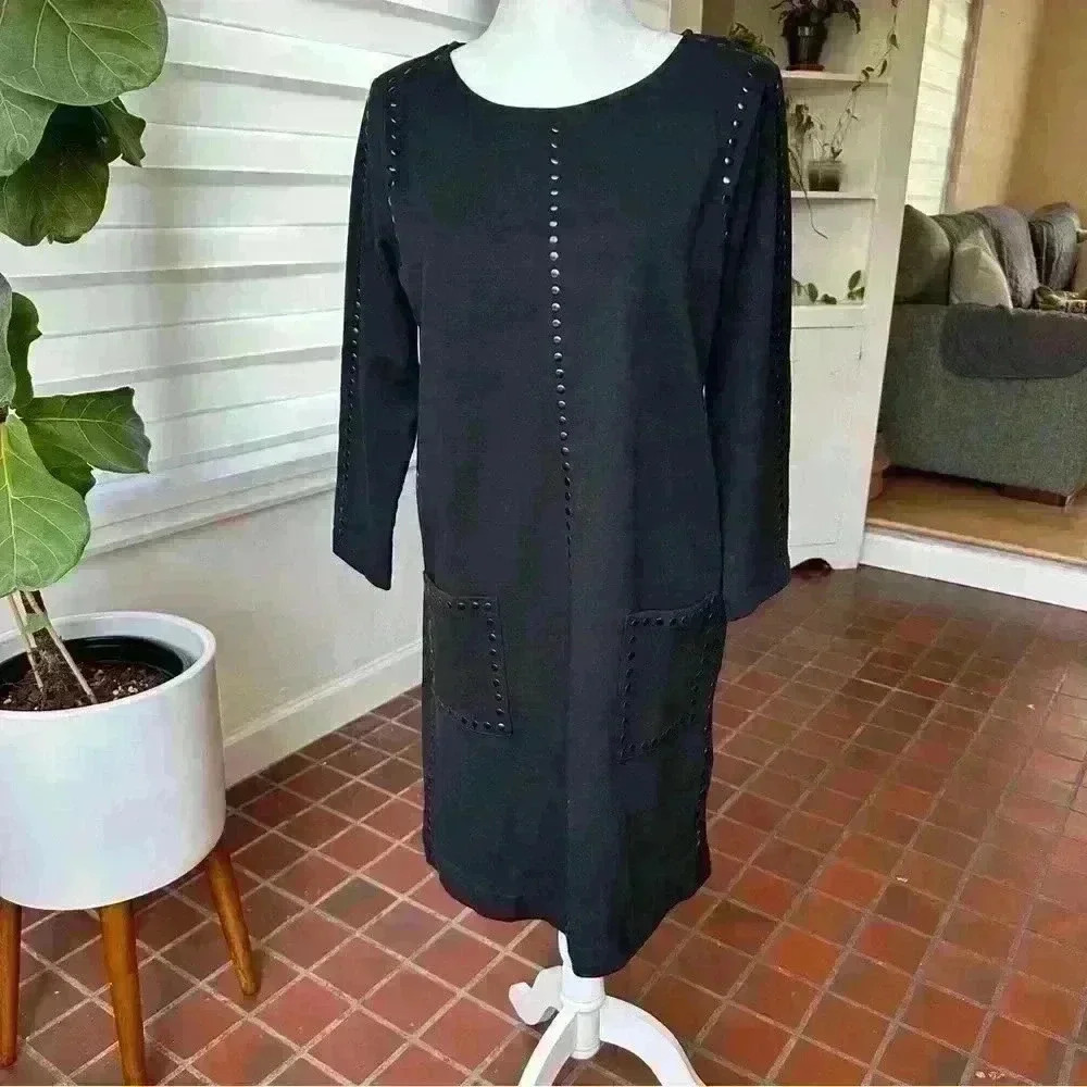 NWT Joan Vass BLACK Studded Long Sleeve Dress w pockets Size 1 (equiv 8/10)